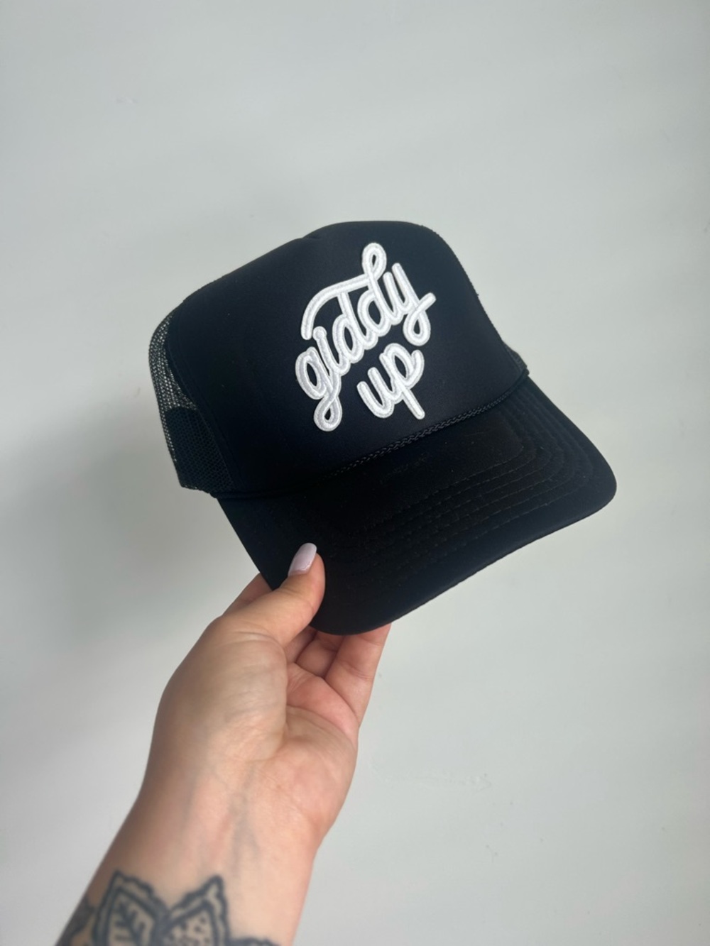 Black 'glady up' Trucker Hat - White Script